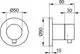 Rundes Umstellventil von Keuco mit verchromter Oberfläche, schematische Darstellung in Draufsicht und Seitenansicht mit den entsprechenden Maßen.